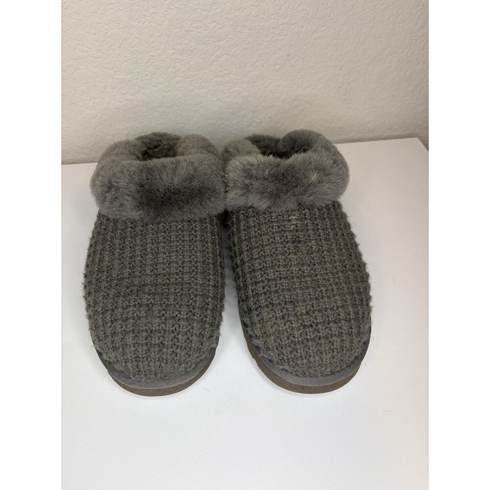 UGG Knit Slippers Womens Size 11 Gray Sheepskin Lined Cozy House Shoes